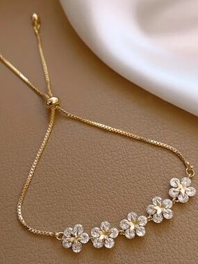 Gold Floral Bracelet with Crystal Accents - Women Jewelry